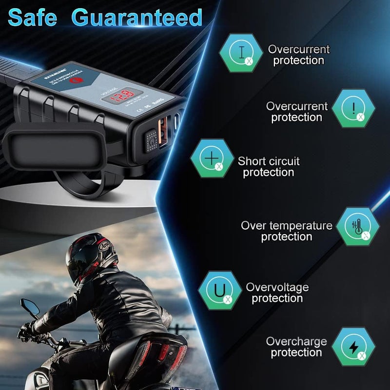 EXTRACTME 6.4A Motorcycle USB Charger, Total 44W Dual USB Type C PD & Quick Charge 3.0 Motorcycle Phone Charger with Voltmeter & ON/Off Switch, Waterproof Motorcycle Accessories SAE to USB Adapter - Image 5